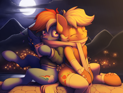 Size: 4000x3000 | Tagged: safe, artist:ohemo, imported from derpibooru, applejack, rainbow dash, earth pony, firefly (insect), insect, pegasus, pony, appledash, beverage, clothes, cloud, cute, cutie mark, dashabetes, drink, duo, eyes closed, female, full moon, high res, jackabetes, jacket, lesbian, moon, scarf, sharing, shipping, sky