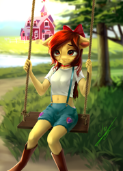 Size: 1800x2500 | Tagged: safe, artist:thatdreamerarts, imported from derpibooru, apple bloom, anthro, earth pony, adorabloom, adorasexy, barn, belly button, boots, bow, breasts, choker, clothes, cottagecore, cute, cutie mark, farm, floppy ears, midriff, older, older apple bloom, overall, panties, pink underwear, scenery, sexy, shirt, shoes, short shirt, small breasts, solo, suspenders, swing, t-shirt, tree, underwear