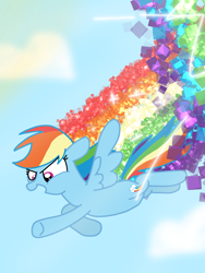 Size: 1080x1440 | Tagged: safe, artist:crossovercartoons, imported from derpibooru, rainbow dash, pegasus, pony, cloud, digital art, digital drawing, drawing, flying, happy, looking down, rainbow, rainbow dash day, rd day, solo, sonic rainboom, sparkles, spread wings, sun, trail, wings