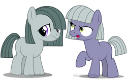Size: 3000x1900 | Tagged: safe, artist:importantgreatwake, artist:pigeorgien, imported from derpibooru, limestone pie, marble pie, earth pony, pony, angry, cute, female, filly, filly limestone pie, filly marble pie, foal, limabetes, limestone is not amused, limestone pie is not amused, marblebetes, mare, pie family, pie sisters, sad, siblings, simple background, sisters, unamused, vexel, white background, younger