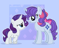 Size: 1281x1041 | Tagged: safe, artist:angellight-bases, artist:importantgreatwake, artist:pigeorgien, imported from derpibooru, rarity, sparkler (g1), pony, unicorn, base used, bow, cute, female, filly, filly rarity, foal, g1, g1 to g4, g4, generation leap, looking at each other, raribetes, sad, smiling, tail bow, younger