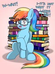 Size: 1714x2327 | Tagged: safe, artist:banquo0, imported from derpibooru, rainbow dash, pegasus, pony, adorkable, alternate hairstyle, blushing, book, caught, chest fluff, cute, dork, egghead, egghead dash, embarrassed, glasses, not what it looks like, ponytail, rainbow dork, raised hoof, solo, text