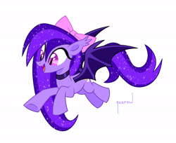 Size: 1920x1565 | Tagged: safe, artist:qxerow, imported from derpibooru, oc, oc only, oc:moonshine, bat pony, pony, bat pony oc, bat wings, bow, ethereal mane, fangs, hair bow, happy, open mouth, simple background, solo, starry mane, white background, wings