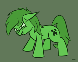 Size: 1352x1077 | Tagged: safe, artist:purblehoers, imported from derpibooru, earth pony, pony, angry, aww man, creeper, ears back, female, filly, floppy ears, green coat, green eyes, green mane, minecraft, ponified, puffy cheeks, scrunch, scrunchy face, simple background, solo, standing
