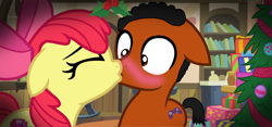 Size: 5952x2795 | Tagged: safe, artist:brandonthebronypony, imported from derpibooru, apple bloom, oc, oc:ladainian otis, oc:mistletoe, pony, blushing, canon x oc, christmas, colt, female, filly, holiday, holly, holly mistaken for mistletoe, kiss on the lips, kissing, ladainianbloom, love, male, shipping, straight, wide eyes