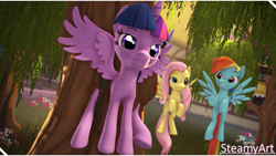 Size: 3840x2160 | Tagged: safe, artist:phenioxflame, artist:steamyart, imported from derpibooru, fluttershy, rainbow dash, twilight sparkle, alicorn, pegasus, 3d, flying, flying lesson, gone wrong, laughing, looking at you, source filmmaker, stuck, tree, twilight sparkle (alicorn), unamused