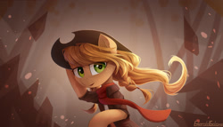 Size: 2800x1600 | Tagged: safe, artist:emeraldgalaxy, imported from derpibooru, applejack, earth pony, pony, abstract background, braid, clothes, eye clipping through hair, eyebrows, eyebrows visible through hair, female, hat, looking at you, mare, scarf, shirt, solo, standing, windswept mane