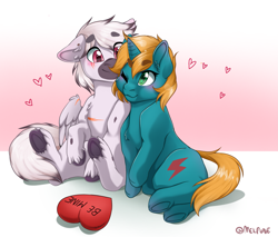 Size: 2593x2207 | Tagged: safe, artist:melpone, imported from derpibooru, oc, oc only, earth pony, pony, unicorn, female, heart, heart pillow, male, mare, oc x oc, pillow, shipping, stallion, straight