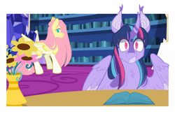 Size: 1280x852 | Tagged: safe, artist:vio-dacreator, imported from derpibooru, fluttershy, twilight sparkle, alicorn, pegasus, pony, book, duo, female, flower, library, mare, story in the source, twilight sparkle (alicorn), twilight's castle, twilight's castle library, vase