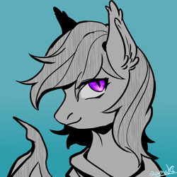 Size: 2000x2000 | Tagged: safe, artist:qamar, imported from derpibooru, oc, oc only, oc:nocturne star, bat pony, pony, blue background, bust, grey fur, male, portrait, purple eyes, simple background, solo, spread wings, stallion, wings