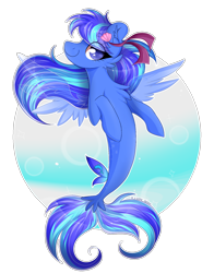 Size: 1300x1658 | Tagged: safe, artist:woonborg, imported from derpibooru, oc, oc only, seapony (g4), blue eyes, bubble, chest fluff, dorsal fin, ear fluff, eyelashes, fin wings, fish tail, flowing hair, flowing mane, ribbon, seashell, shell, simple background, smiling, solo, tail, transparent background, underwater, water, wings