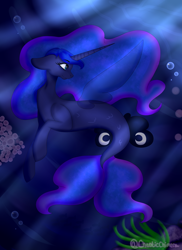 Size: 2088x2871 | Tagged: safe, artist:chaoticchimeraart, imported from derpibooru, princess luna, alicorn, pony, seapony (g4), blue eyes, bubble, clothes, coral, crepuscular rays, female, fin wings, fish tail, flowing mane, flowing tail, horn, long horn, ocean, seaponified, seapony luna, seaweed, see-through, smiling, solo, species swap, speedpaint, tail, underwater, water, wings