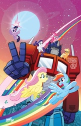 Size: 792x1224 | Tagged: safe, artist:tonyfleecs, idw, imported from derpibooru, applejack, fluttershy, pinkie pie, rainbow dash, rarity, twilight sparkle, alicorn, butterfly, earth pony, pegasus, pony, robot, unicorn, spoiler:comic, comic cover, female, flying, male, mane six, mare, one eye closed, optimus prime, peace sign, the magic of cybertron, transformers, twilight sparkle (alicorn), wink