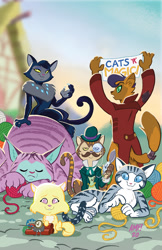 Size: 792x1224 | Tagged: safe, artist:tonyfleecs, idw, imported from derpibooru, capper dapperpaws, chummer, shadow (g4), abyssinian, anthro, cat, spoiler:comic, spoiler:comic97, admiral fluffington, cover, explosives, max, molly, season 10, solo, yarn, yarn ball