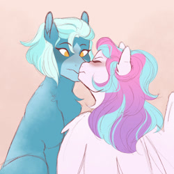 Size: 1280x1280 | Tagged: safe, artist:vintage-rec, imported from derpibooru, princess flurry heart, oc, oc:spearmint, alicorn, earth pony, pony, blushing, boop, canon x oc, female, kissing, lesbian, magical lesbian spawn, noseboop, offspring, offspring shipping, older, older flurry heart, parent:bon bon, parent:lyra heartstrings, parents:lyrabon, shipping, wavy mouth