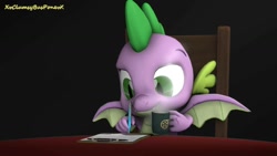 Size: 1280x720 | Tagged: safe, artist:xvclumsybusponevx, imported from derpibooru, spike, dragon, 3d, coffee mug, mug, pen, solo, source filmmaker, winged spike, wings