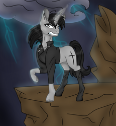 Size: 1986x2152 | Tagged: artist needed, safe, artist:nerdial, imported from derpibooru, oc, oc only, oc:black cross, unicorn, boots, clothes, crucifix, ear piercing, earring, jacket, jewelry, lightning, magic, necklace, one hoof raised, piercing, raised hoof, shoes