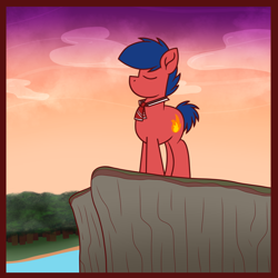 Size: 1920x1920 | Tagged: safe, artist:thebadbadger, imported from derpibooru, oc, oc only, oc:phire demon, earth pony, pony, cliff, eyes closed, forest, scenery, solo