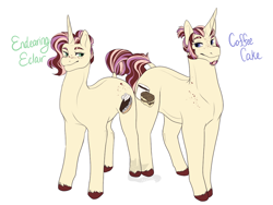 Size: 1024x768 | Tagged: safe, artist:arexstar, imported from derpibooru, oc, oc only, oc:cofee cake, oc:endearing éclair, pony, unicorn, female, male, mare, offspring, parent:donut joe, parent:rarity, parents:rarijoe, siblings, simple background, stallion, white background