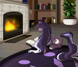 Size: 622x534 | Tagged: safe, artist:renka2802, imported from derpibooru, oc, oc only, pony, unicorn, book, bookshelf, digital art, fireplace, lying down, male, my little pony, pixel art, potted plant, prone, reading, room, rug, solo, stallion