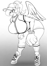 Size: 715x1000 | Tagged: safe, artist:littlebibbo, imported from derpibooru, imported from ponybooru, oc, oc only, oc:bibbo, anthro, pegasus, unguligrade anthro, baseball, baseball cap, baseball glove, bent over, big breasts, breasts, cap, clothes, female, freckles, gradient background, hat, holding, huge breasts, lineart, mare, monochrome, open mouth, shirt, shoes, shorts, smiling, sneakers, solo, sports