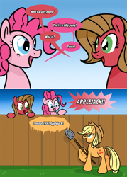 Size: 700x978 | Tagged: safe, artist:ladyanidraws, imported from derpibooru, applejack, pinkie pie, oc, oc:pun, earth pony, pony, ask pun, applejack is not amused, ask, butt, fence, picket fence, plot, shovel, silly, silly pony, trio, unamused, who's a silly pony