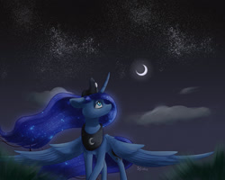 Size: 2500x2000 | Tagged: safe, artist:brilliant-luna, imported from derpibooru, princess luna, alicorn, pony, cloud, crescent moon, crown, ethereal mane, flowing mane, jewelry, moon, night, regalia, solo, starry mane