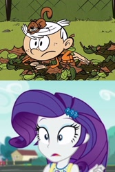 Size: 2000x3000 | Tagged: safe, artist:thomassss2000, edit, edited screencap, imported from derpibooru, screencap, rarity, human, squirrel, equestria girls, fomo, spoiler:eqg series (season 2), clothes, crossover, leaves, lincoln loud, meme, pajamas, shocked, the loud house