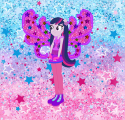 Size: 736x708 | Tagged: safe, artist:selenaede, artist:user15432, imported from derpibooru, twilight sparkle, alicorn, fairy, human, equestria girls, alternate hairstyle, barely eqg related, base used, boots, clothes, cosmix, crossover, fairy wings, fairyized, fingerless gloves, gloves, gradient background, high heel boots, high heels, leggings, ponied up, purple dress, purple shoes, purple wings, rainbow s.r.l, shoes, solo, stars, twilight sparkle (alicorn), wings, winx, winx club, winxified