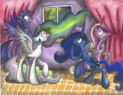 Size: 1024x793 | Tagged: safe, artist:floppaw, imported from derpibooru, princess cadance, princess celestia, princess luna, twilight sparkle, alicorn, pony, alicorn tetrarchy, curtains, twilight sparkle (alicorn), window