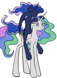 Size: 798x1085 | Tagged: artist needed, source needed, safe, imported from derpibooru, princess celestia, princess luna, pony, luna riding celestia, ponies riding ponies, riding, simple background, transparent background