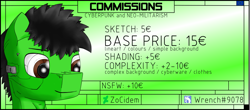 Size: 1225x537 | Tagged: safe, artist:zocidem, imported from derpibooru, oc, oc only, oc:wrench, earth pony, pony, advertisement, augmented, commission, commission info, cyberpunk, solo