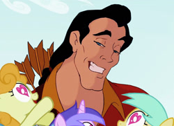 Size: 766x557 | Tagged: safe, edit, edited screencap, imported from derpibooru, screencap, carrot top, golden harvest, sea swirl, seafoam, sunshower raindrops, human, pony, lesson zero, background pony, beauty and the beast, disney, gaston, gaston legume, grin, heart, looking at you, smiling, want it need it