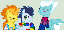 Size: 1974x916 | Tagged: safe, artist:jadeharmony, artist:jadethepegasus, artist:ponybasesrus, imported from derpibooru, fleetfoot, soarin', spitfire, pegasus, pony, base used, bisexual pride flag, clothes, eyes closed, face paint, female, gay pride flag, gray background, grin, lip bite, male, mare, open mouth, pansexual pride flag, pride, pride flag, rainbow socks, raised hoof, scarf, show accurate, simple background, smiling, socks, stallion, striped socks, sweater, trans female, transgender, transgender pride flag, trio