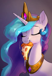 Size: 901x1300 | Tagged: safe, artist:dimfann, colorist:xbi, edit, editor:xbi, imported from derpibooru, princess celestia, alicorn, pony, bust, cute, cute little fangs, cutelestia, eyes closed, fangs, female, food, herbivore, jewelry, majestic as fuck, mare, mouth hold, pizza, regalia, slice of pizza, solo, steam, tomato, tomato pizza