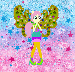 Size: 736x708 | Tagged: safe, artist:selenaede, artist:user15432, imported from derpibooru, fluttershy, fairy, human, equestria girls, alternate hairstyle, barely eqg related, base used, boots, clothes, cosmix, crossover, fairy wings, fairyized, gradient background, green dress, green shoes, high heel boots, high heels, leggings, ponied up, ponytail, rainbow s.r.l, shoes, solo, stars, wings, winx, winx club, winxified, yellow wings