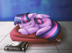 Size: 3000x2200 | Tagged: safe, artist:fadlihalimns, imported from derpibooru, twilight sparkle, alicorn, pony, adorkable, behaving like a cat, book, curled up, cute, dork, ear fluff, eyes closed, james bond, movie reference, pillow, ponified, skyfall, sleeping, solo, twiabetes, twilight cat, twilight sparkle (alicorn), underhoof