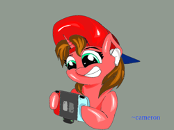 Size: 1026x768 | Tagged: safe, artist:@cameron, derpibooru exclusive, imported from derpibooru, oc, oc only, oc:nintendy, pony, unicorn, brown hair, cute, earbuds, female, fluffy hair, fluffy mane, gaming, gray background, green eyes, hat, looking at something, nintendo switch, simple background, smiling, solo, solo female