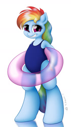 Size: 1350x2400 | Tagged: safe, alternate version, artist:livriel, imported from derpibooru, rainbow dash, pony, semi-anthro, adorasexy, bipedal, blue swimsuit, braces, clothes, cute, dashabetes, female, floaty, inner tube, looking at you, mare, one-piece swimsuit, sexy, smiling, solo, solo female, strategically covered, swimsuit, teasing