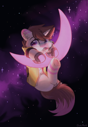 Size: 2729x3929 | Tagged: safe, artist:dorkmark, artist:raily, imported from derpibooru, oc, oc only, pony, unicorn, collaboration, crescent moon, cyberpunk, moon, solo, space, stars, tangible heavenly object, transparent moon