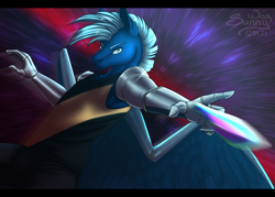 Size: 1200x857 | Tagged: safe, artist:sunny way, imported from derpibooru, oc, oc only, oc:morning mist, anthro, cyborg, pegasus, pony, anthro pony, art, artwork, augmented, clothes, crotch bulge, digital art, epic, feather, jumping, knife, looking at you, male, my little pony, pants, patreon, patreon reward, solo, solo male, spread wings, stallion, tanktop, throwing knife, wings