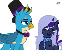 Size: 1024x823 | Tagged: safe, artist:princessmoonsilver, imported from derpibooru, gallus, oc, oc:krystel, griffon, pony, unicorn, base used, clothes, hat, scarf, top hat, vector