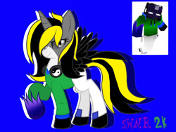 Size: 1400x1050 | Tagged: safe, artist:juliet-gwolf18, imported from derpibooru, oc, oc only, oc:juliet, alicorn, pony, alicorn oc, blue background, clothes, duo, eyelashes, female, hoof shoes, horn, mare, minecraft, raised hoof, simple background, wings, yin-yang