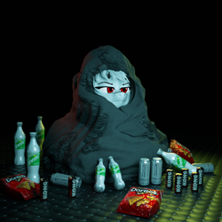 Size: 2000x2000 | Tagged: safe, artist:queen-razlad, imported from derpibooru, oc, oc only, oc:strelka, pony, 3d, blanket, blender, chips, comfy, devil, doritos, food, kong strong, looking at something, monster energy, padded ground, pixel art, raz clan, solo, sprite, sprite (brand), television