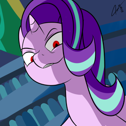 Size: 2000x2000 | Tagged: safe, artist:asajiopie01, imported from derpibooru, starlight glimmer, pony, unicorn, death note, equality, evil grin, female, grin, high res, horn, just as planned, kira, looking at you, mare, red eyes, red eyes take warning, smiling, solo