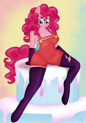 Size: 1784x2549 | Tagged: safe, artist:synthsparkle, imported from derpibooru, pinkie pie, anthro, unguligrade anthro, cake, chubbie pie, chubby, cute, food, solo