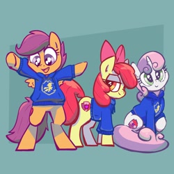 Size: 2048x2048 | Tagged: safe, artist:pfeffaroo, imported from derpibooru, apple bloom, scootaloo, sweetie belle, earth pony, pegasus, pony, unicorn, adorabloom, apple bloom's bow, bipedal, bow, clothes, cute, cutealoo, cutie mark, cutie mark crusaders, diasweetes, female, filly, hair bow, head tilt, high res, hoodie, lidded eyes, looking at self, looking at you, open mouth, raised hoof, sitting, smiling, spread wings, standing, sweater, the cmc's cutie marks, trio, wings