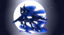 Size: 1980x1080 | Tagged: safe, artist:emalajiss36, imported from derpibooru, princess luna, alicorn, pony, ethereal mane, eyelashes, female, flying, hoof shoes, horn, jewelry, looking back, mare, night, outdoors, peytral, smiling, solo, starry mane, stars, tiara, wings