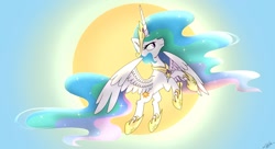Size: 1980x1080 | Tagged: safe, artist:emalajiss36, imported from derpibooru, princess celestia, alicorn, pony, eyelashes, female, flying, hoof shoes, jewelry, mare, outdoors, peytral, rearing, signature, solo, sun, tiara