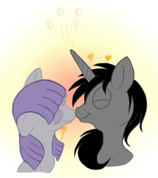 Size: 1079x1214 | Tagged: safe, artist:micaruss, imported from derpibooru, maud pie, oc, oc:black cross, earth pony, unicorn, canon x oc, horn, kissing, shipping, sparking horn